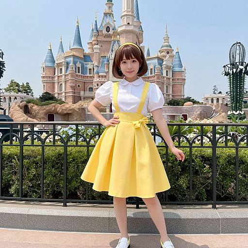 Young Asian woman in white blouse and yellow skirt stands confidently in front of Disney Castle, bright sunlight, black iron fence.