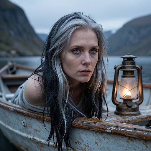 Photograph of a pale-skinned woman with long, wet, black-and-silver hair, intense blue eyes, and a white tank top, leaning