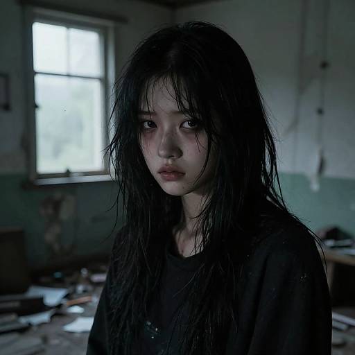 Photograph-style digital image of a pale, Asian teenage girl with wet, black hair, wearing a dark shirt, standing in a dimly lit,