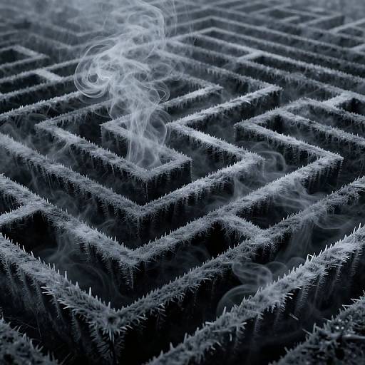 Photograph of a close-up, textured pattern with blue-gray, spiky, geometric shapes, emitting wisps of white smoke from the center.