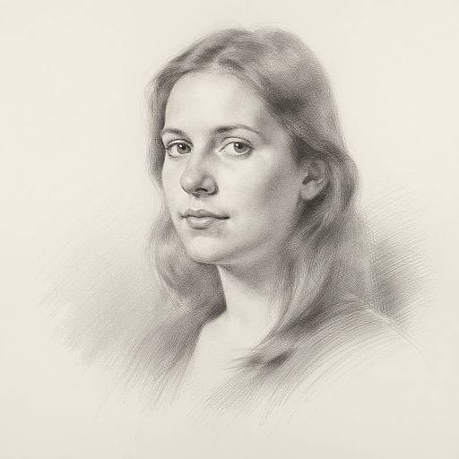 Black and white pencil sketch of a young woman with long, wavy hair and soft expression, looking slightly to the left.