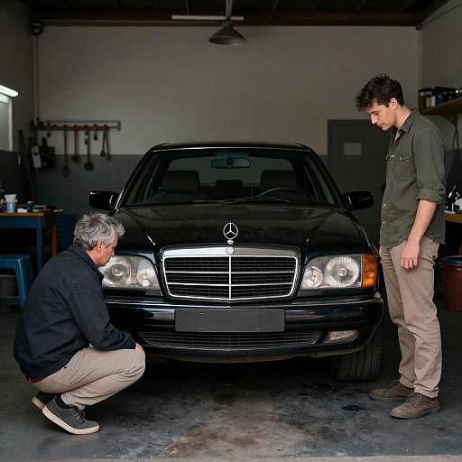 Two Men Inspecting Black Mercedes-Benz in Garage