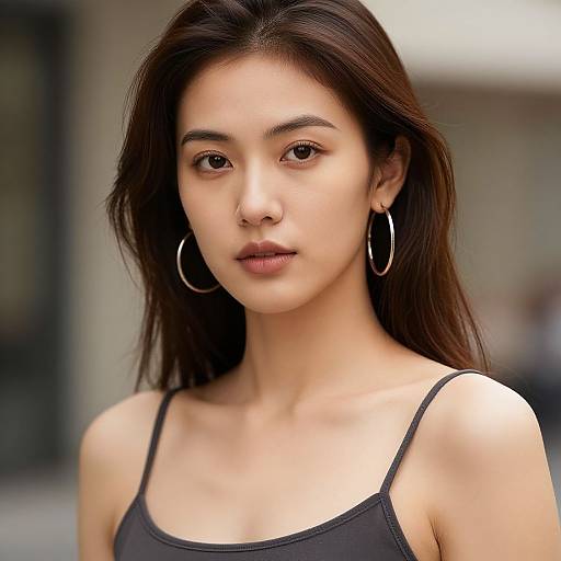 Photograph of an Asian woman with long dark hair, light skin, wearing a black spaghetti strap top and large silver hoop earrings, looking directly at the