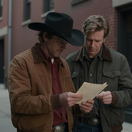 Two Men Reading Letter in Urban Alley
