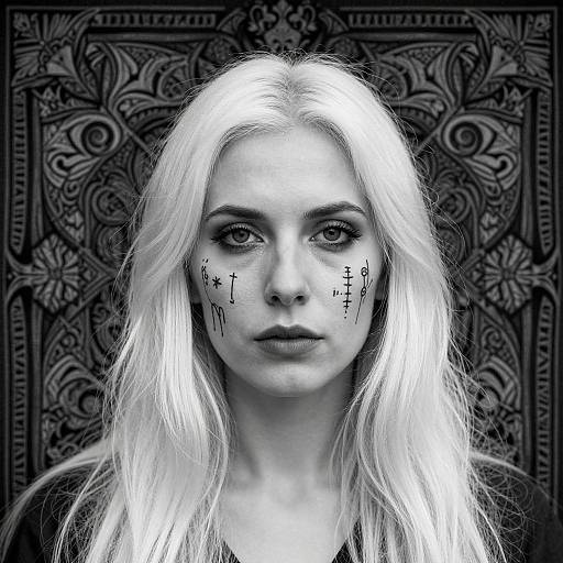 Black-and-white photograph of a pale-skinned, white-haired woman with tribal face paint, staring intensely, against an intricately patterned background.