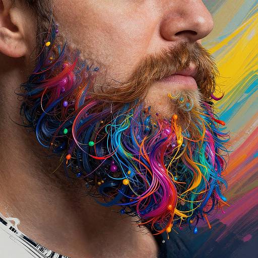 Close-up photograph of a man's face with a vibrant, multicolored, abstract beard featuring swirling rainbow hues and colorful dots against a dynamic, colorful