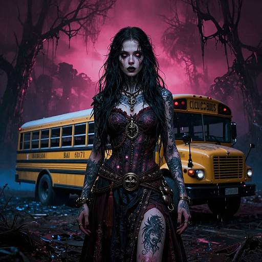 Gothic woman with tattoos, dark flowing hair, and red eyes in a dark corset stands in front of a yellow school bus under a pink