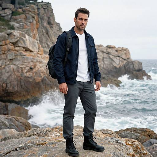 Photograph of a bearded man with short dark hair, wearing a black jacket, white shirt, gray pants, and black boots, standing on rocky