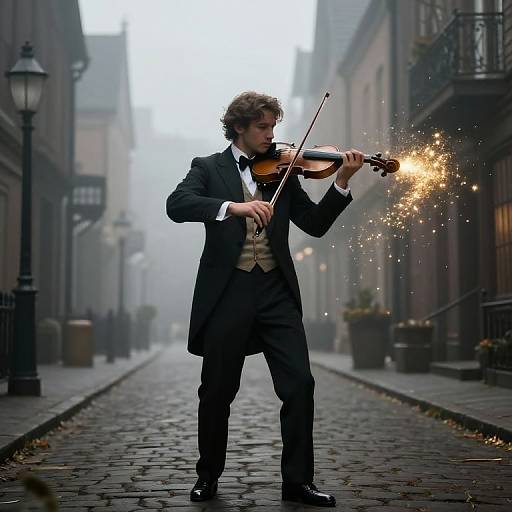 Photograph of a young man in a black suit and bow tie playing a violin on a foggy, cobblestone street, with sparks flying from