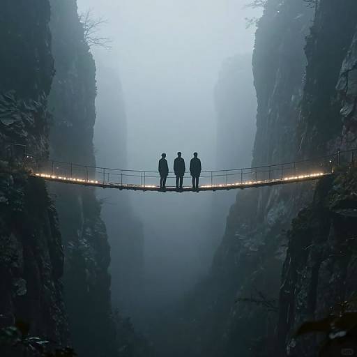 Photograph of three silhouetted figures standing on a narrow, illuminated suspension bridge between fog-covered, towering rock cliffs.