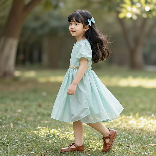 Photograph of a young Asian girl with long black hair, wearing a light blue dress, brown shoes, and a blue bow, walking in a sun