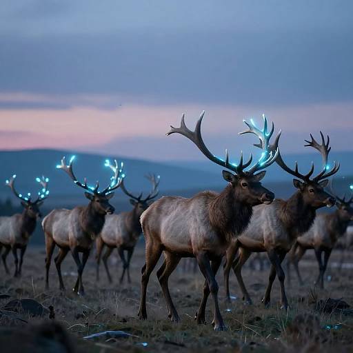 Photograph of a group of elk with glowing blue antlers standing in a grassy field at twilight, under a blue and pink sky.