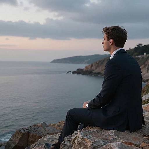 Contemplative Man by Dusk Seascape