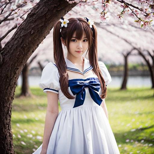 Anime Cosplay Girl in Cherry Blossom Park