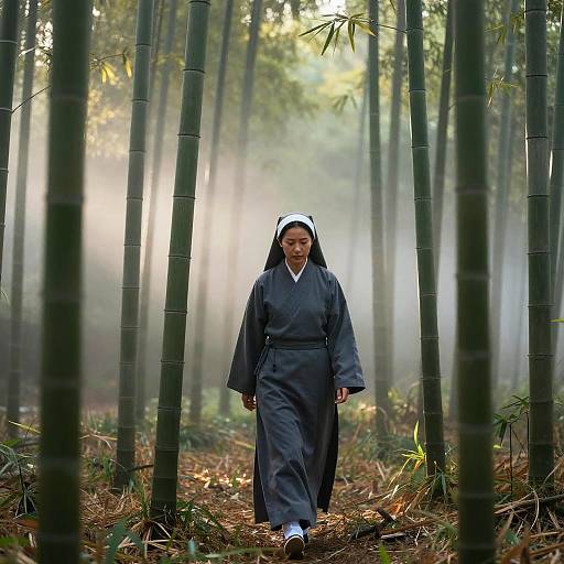 Asian Nun in Misty Bamboo Forest