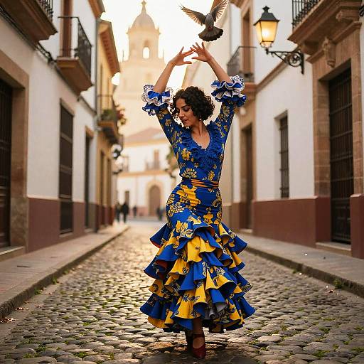 Photograph of a curly-haired woman in a blue and yellow ruffled dress, dancing on a cobblestone street, with a bird overhead in a