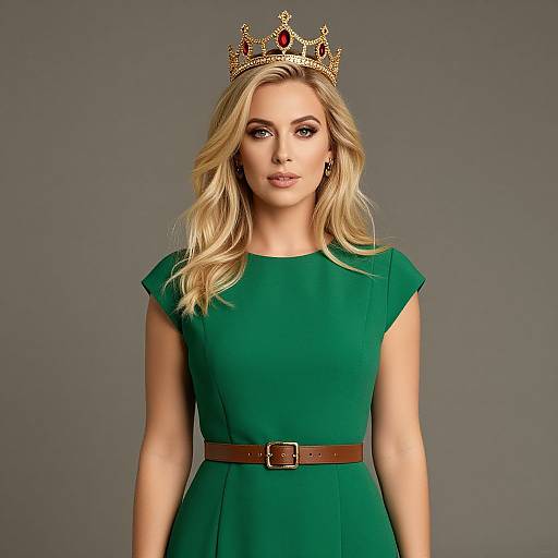 Photograph of a blonde woman with wavy hair wearing a green dress, brown belt, and gold crown against a gray background.