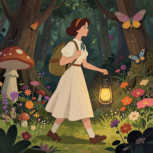 Illustration of a young girl in a white dress, brown shoes, and backpack, holding a lantern, walking through a vibrant, enchanted forest with colorful