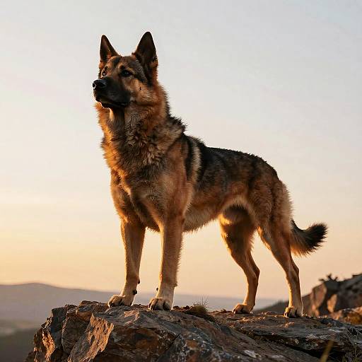 Photograph of a German Shepherd standing alert on a rocky outcrop at sunset, with a warm orange and blue sky background.