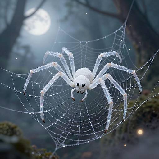 Photorealistic CGI of a glowing white spider with dew-covered legs, centered on a sparkling web in a misty forest.