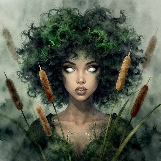 Digital painting of a mysterious, pale-skinned woman with glowing white eyes, curly green-tinted black hair, surrounded by tall, brown catt