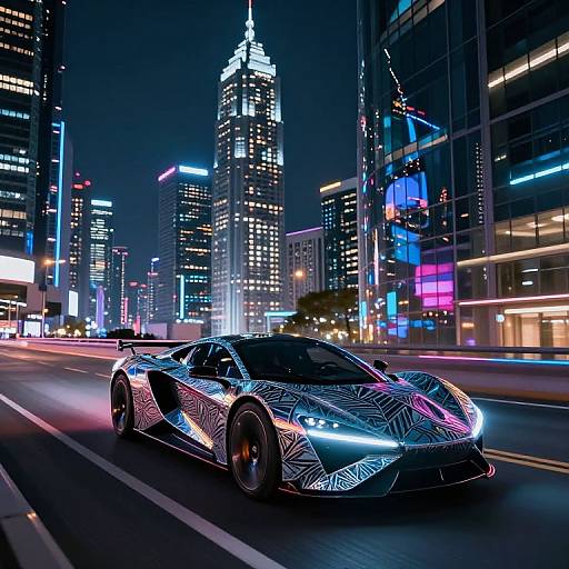Neon-lit city night scene with a futuristic, patterned sports car speeding on a brightly illuminated street, towering skyscrapers in background. Phot