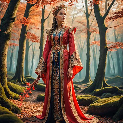 Medieval Fantasy Woman in Ornate Robe in Forest
