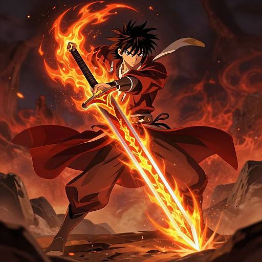 Fiery Anime Swordsman Battle Scene