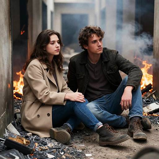 Emotional Moment in a Burnt Hallway