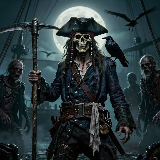 Digital art of a pirate with a skull mask, black crow on shoulder, holding scythe, moonlit, surrounded by skeletal crew. Dark, eerie