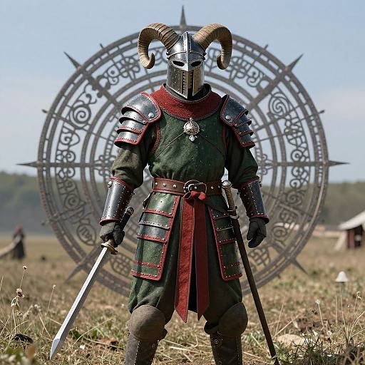 Medieval warrior in horned helmet and armor stands with sword, facing large, intricate metal circle in grassy field. Photograph.