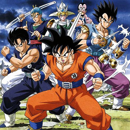 Digital artwork of Dragon Ball Z characters, including Goku in orange, Vegeta in blue, and others, posing powerfully with lightning effects.