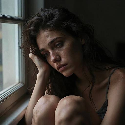 Photograph of a pensive woman with wet, tousled dark hair, sitting by a window, knees drawn up, wearing a gray tank top,