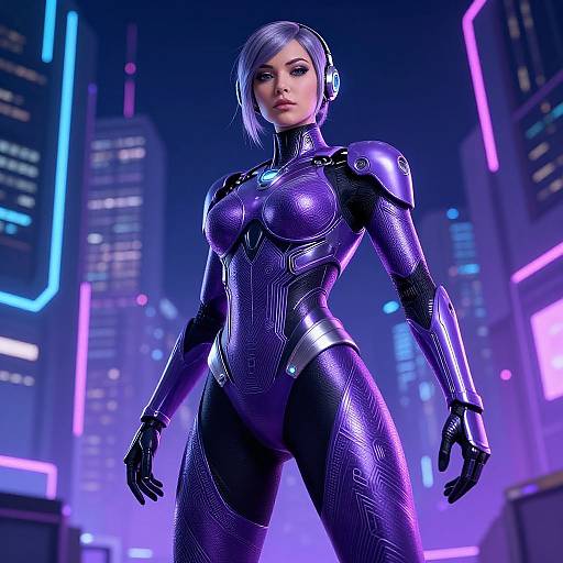 CGI image of a silver-haired woman in a sleek, purple, futuristic bodysuit with glowing accents, standing confidently in a neon-lit,