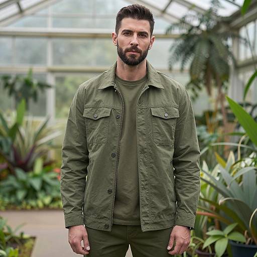 Man in Olive Green Outfit in Greenhouse