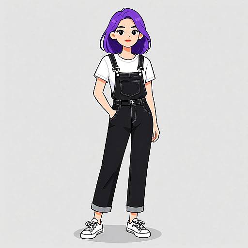 Digital anime-style drawing of a purple-haired woman wearing black overalls, white t-shirt, and white sneakers, standing against a plain white background.
