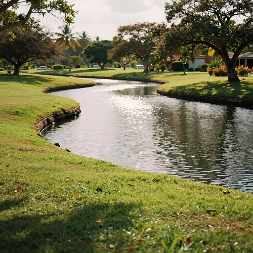 Photograph of a serene, sunlit park with a winding, reflective creek bordered by green grass and shaded by trees.