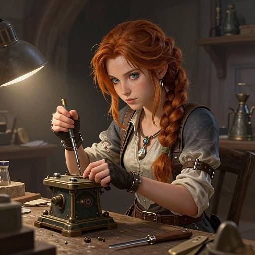 Digital art of a red-haired woman with blue eyes, braided hair, wearing a gray shirt and leather apron, repairing a vintage machine in a