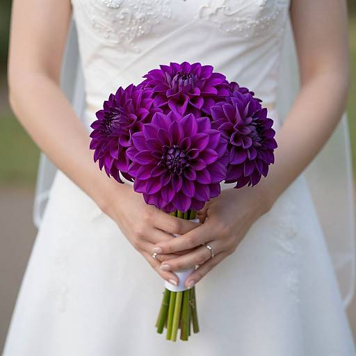Photograph of a bride in a white dress holding a bouquet of vibrant purple dahlias, with her hands gently gripping the stems.