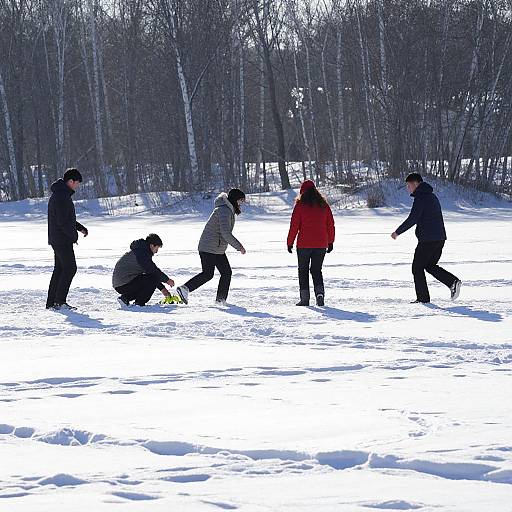 Photograph of five people in winter clothing playing on a snow-covered forest clearing, with leafless trees in the background.