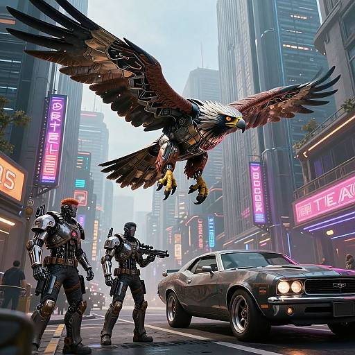 Digital art: Cyberpunk city street with two armored soldiers, flying robotic eagle, and sleek classic car, neon signs illuminate towering skyscrapers.