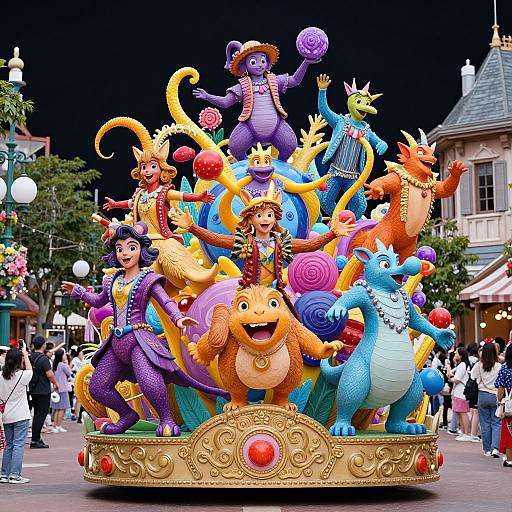Vibrant, colorful parade float featuring lively, anthropomorphic creatures and performers in elaborate costumes, set against a nighttime theme park backdrop.