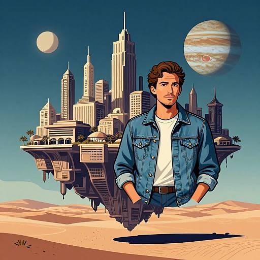 Digital illustration of a handsome man in a blue denim jacket and white shirt, standing in a desert with a floating futuristic cityscape and Jupiter in the background