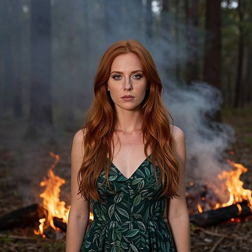 Photograph of a red-haired woman with pale skin, wearing a green leaf-patterned dress, standing in a forest with a fire and smoke in the