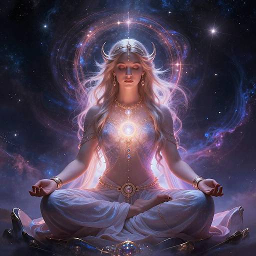 Digital artwork of a serene, ethereal woman with long, glowing blonde hair, sitting cross-legged in a cosmic, starry background. She wears a