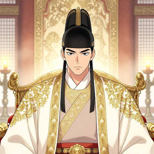 Digital anime-style portrait of a stern, black-haired Asian emperor with a high ponytail, wearing an ornate gold and white robe, seated on an
