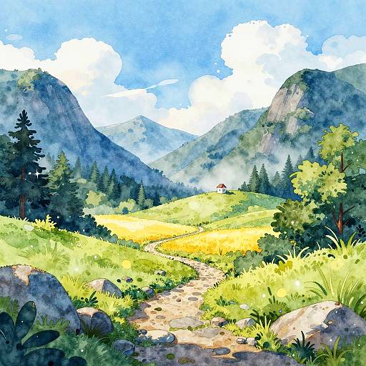Watercolor Mountain Valley Landscape