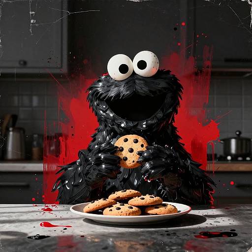 Digital illustration of Sesame Street's Elmo as a black, furry monster with wide, white eyes, holding a cookie, surrounded by red blood spl