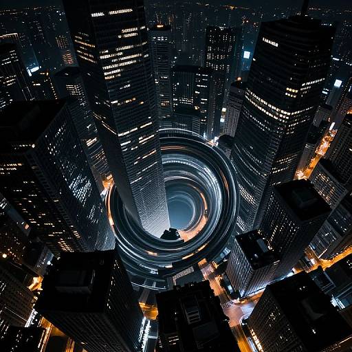 Photograph of a nighttime cityscape with illuminated skyscrapers surrounding a circular, brightly lit tunnel at the center, featuring streaks of light from passing