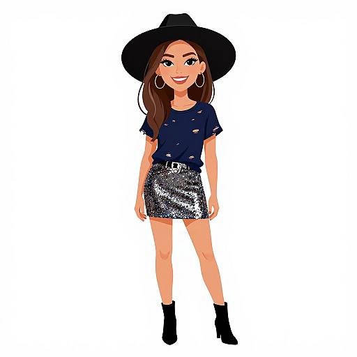Digital illustration of a smiling woman with long brown hair, wearing a black wide-brimmed hat, navy top, sequined skirt, and black ankle